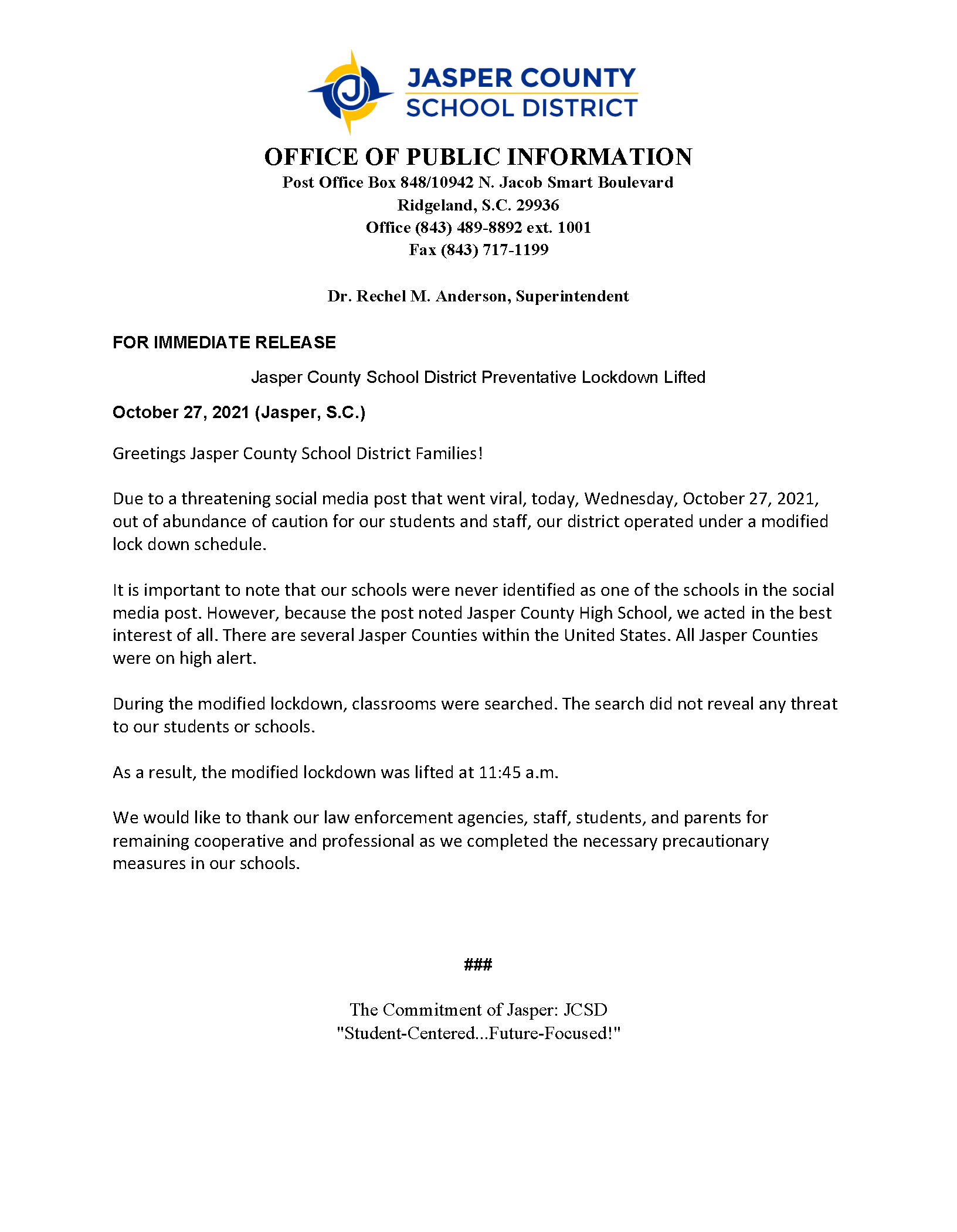 Jasper County School District Preventative Lockdown Lifted Press Release (October 27, 2021)